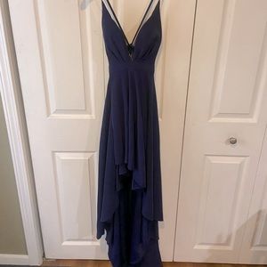 Backless navy dress. Lace up back, padded bodice, hi-low hem, full skirt, empire